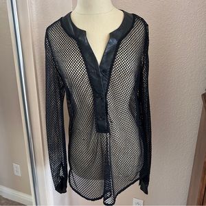Women’s Long Sleeve Mesh Shirt with Leather Collar, Trim & Cuff Size Small